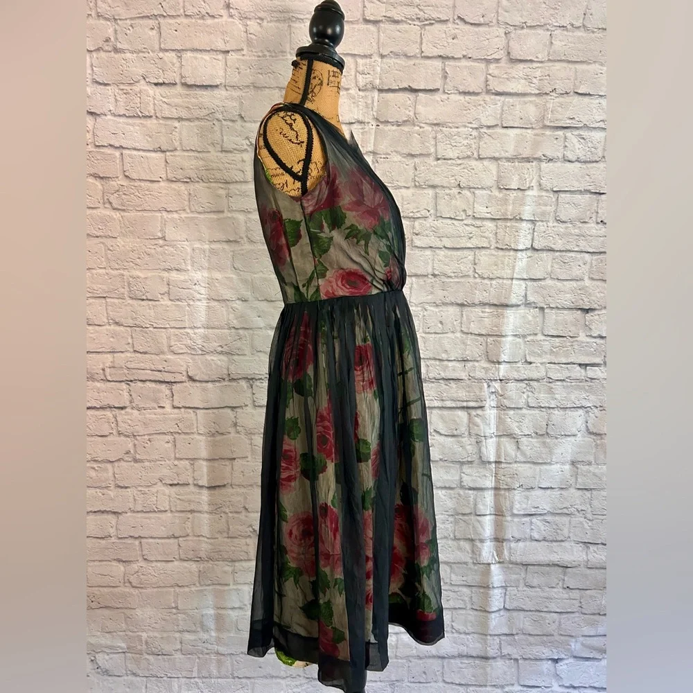 Vintage 50s Dress WOUNDED BIRD Black Pink Floral Midi Evening Formal Party Prom - Picture 9 of 17